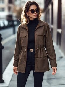 Editum Women's Solid Color Pocket Adjustable Waist Thermal Lined Winter Jacket - Brown - View 1