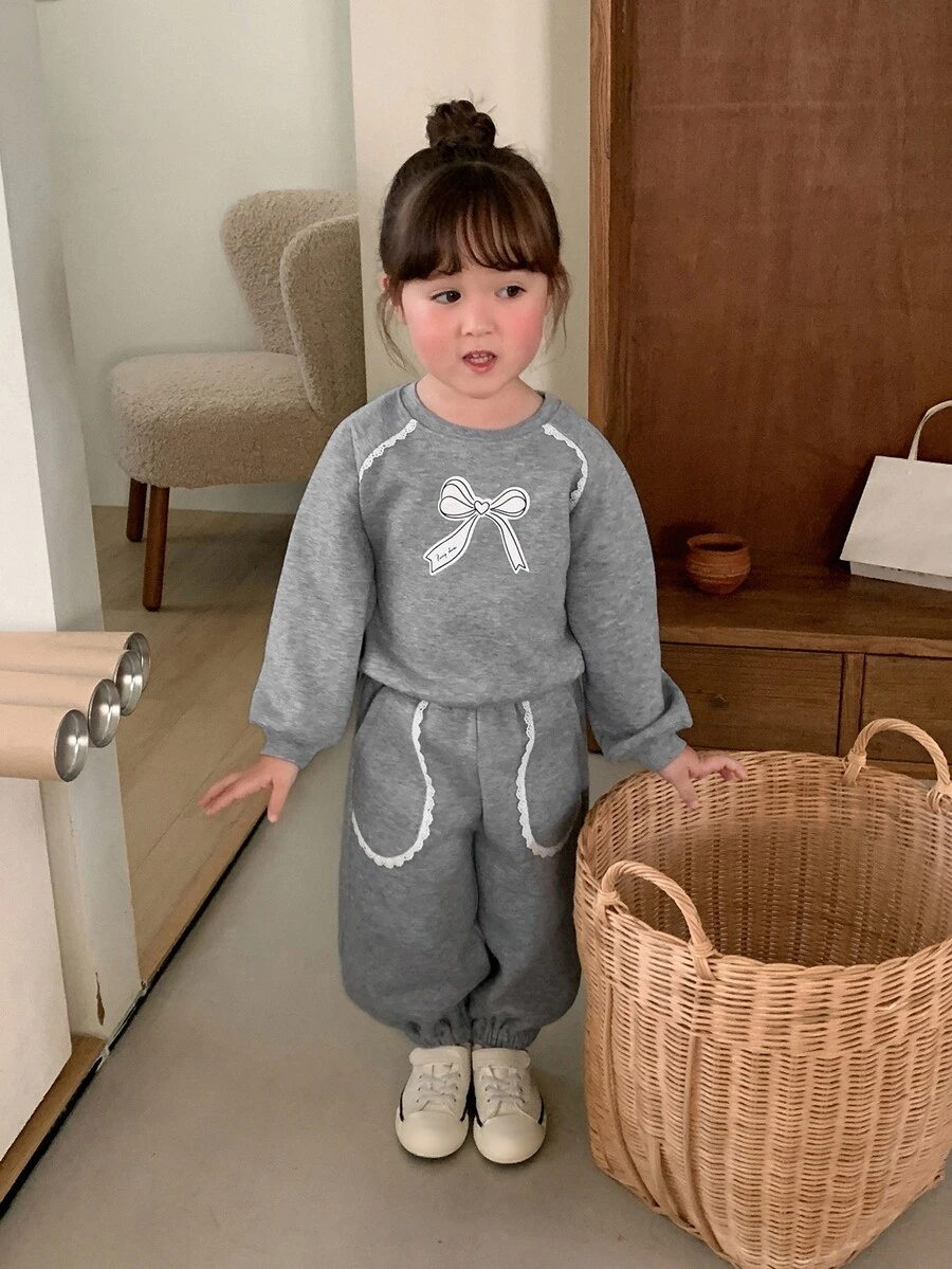 DAZY Infant (Girl) Round Neck Korean Style Long Sleeve Sweatshirt + Casual Long Pants Bowknot Fresh Sweatshirt Set - Grey - View 1