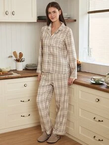 Doze Lane Plaid Gray & Coffee Bubble Texture Lapel Long Sleeve Pants Casual Women's Pajama Set - Multicolor - View 4