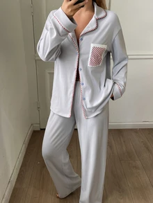DAZY Women's Colorblock Long Sleeve Top And Pants Casual Daily Home Sleepwear Set - Light Grey - View 8
