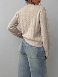 SHEIN BASICS ملابس علوية محبوكة بقصة عادية وأكمام طويلة وياقة على شكل حرف V - رمادي فاتح - مشاهدة 2