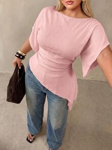 Auralis 大尺碼女款純色船領蝙蝠袖短袖抓皺不對稱下擺時尚T恤，休閒日常辦公商務工作女款T恤 - 粉色 - 查看 1