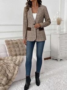 SHEIN Clasi Blazer Kasual Wanita Lengan Panjang Motif Houndstooth dengan Satu Kancing - MultiWarna - View 4