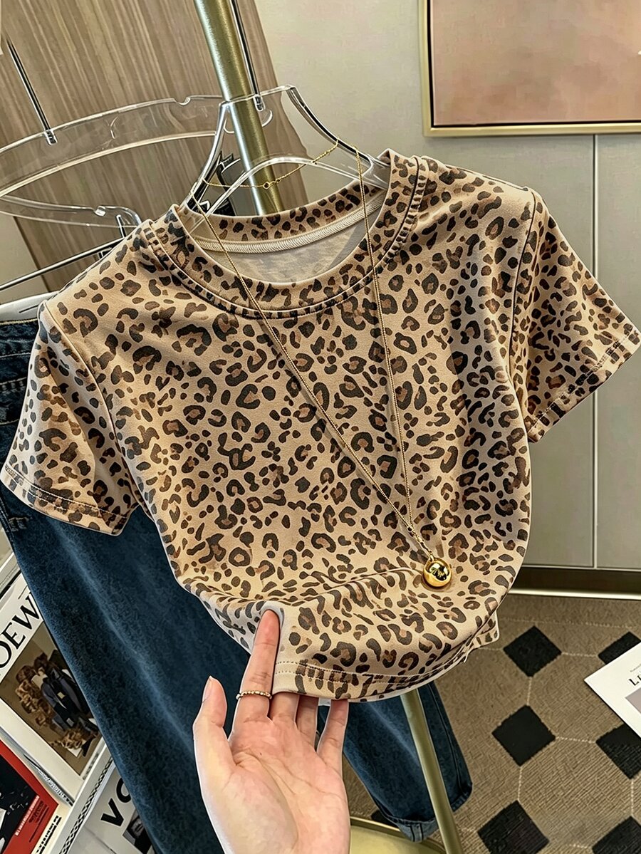 Resyla Leopard Print Digital Print Slim Fit Short Sleeve T-Shirt, Base Layer T-Shirt, Casual T-Shirt, Slim Fit All-Match Top, Gift For Friends - Coffee Brown - View 1