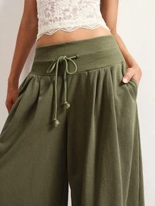 Bohemela Casual Solid Color Knit Wide Leg Women's Pants - Green - View 4
