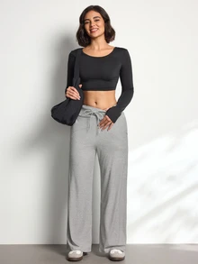 SHEIN Sports Women's Striped Casual Daily Travel Sports Long Pants - White - View 2