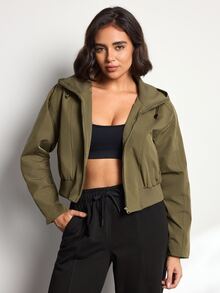 Easithlete Easithlete Jaket Pendek Wanita untuk Penerbangan, Berkerah Tegak dan Berkerudung, Kasual dan Serbaguna untuk Perjalanan Sehari-hari - Dark Green - View 3