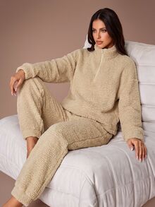 Lazeform Winter Ins Sweet Solid Color Loose Thermal Lined Loungewear Set - Khaki - View 4