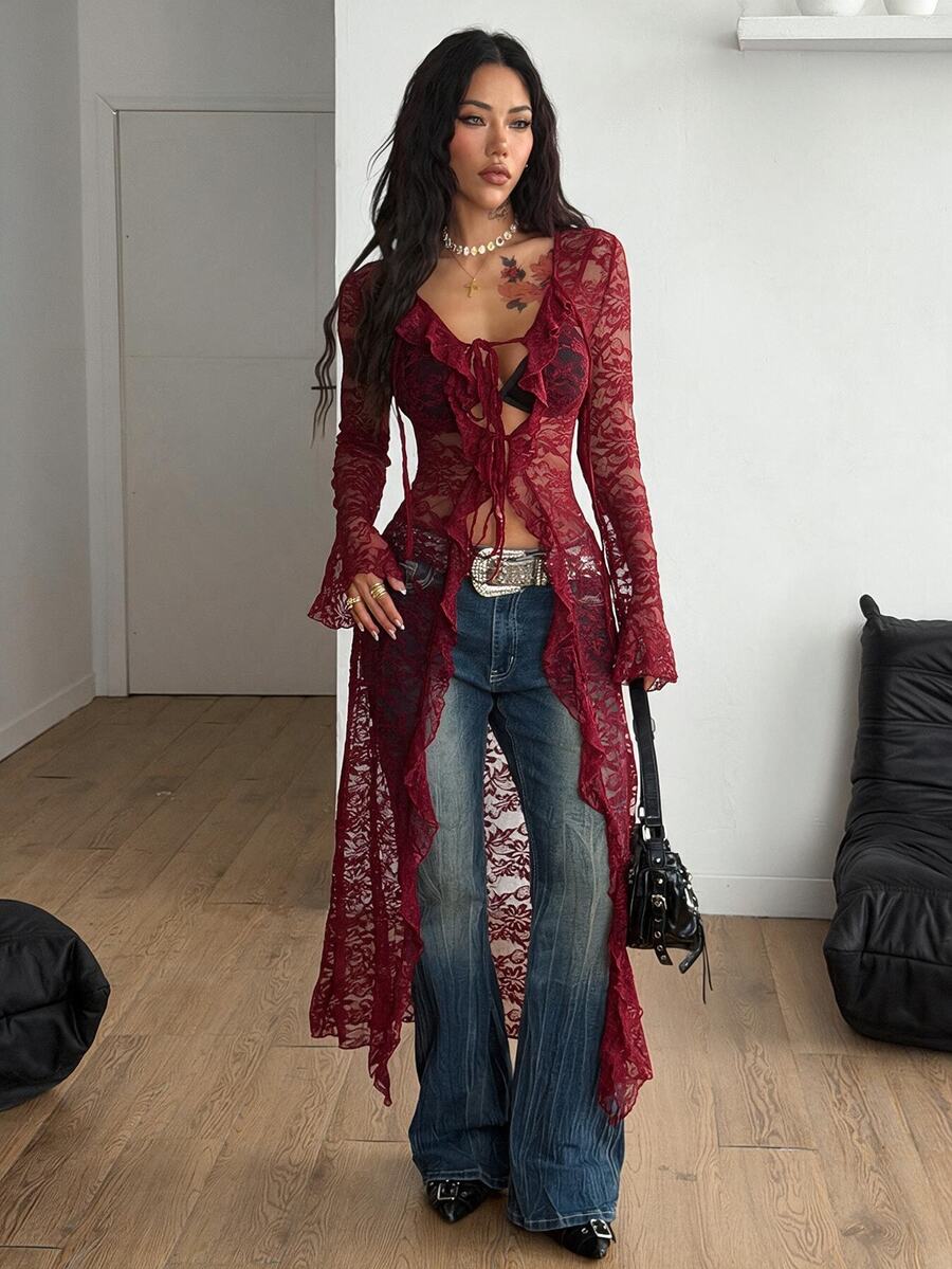 Coolane Mesh Straps Ruffle Ribbon Long Coat /Cover Up - Burgundy - View 1