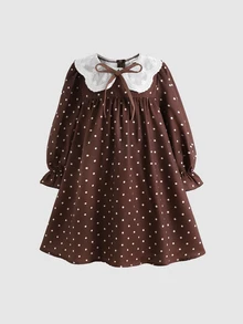 SHEIN 女童拼色彼得潘領波點洋裝，正式場合派對聚會晚宴，秋冬新款日常休閒度假慶典 - 咖啡棕 - 查看 5