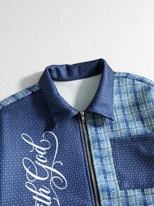 ROMWE MEN Men's Autumn/Winter Patchwork Streetwear College Style Hot-Selling Shirt - Blue - View 4