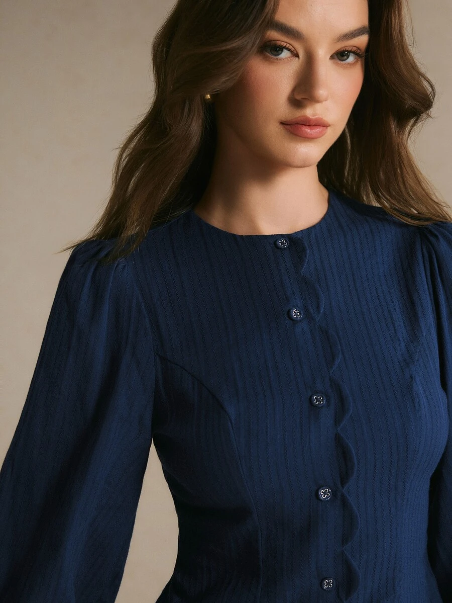 Poéselle Women's Elegant Button Textured Long Sleeve Waist-Cinching Blouse - Navy Blue - View 1