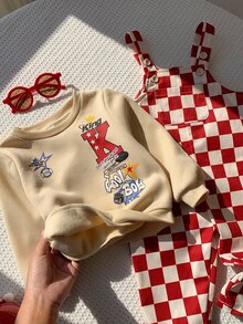 中性嬰兒男/女嬰、幼兒秋冬休閒可愛紅色格紋吊帶褲與衛衣套裝，嬰兒冬季服裝套裝，街頭風，聖誕節 - 紅色 - 查看 8