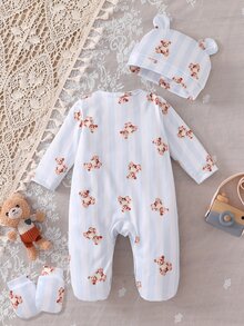 Newborn Soft Comfortable Warm Gray-Blue Vertical Stripe Bear Pattern Printed Fabric Front Button Long Sleeve Footed Romper Hat & Mittens 3-Piece Set - Blue - View 2