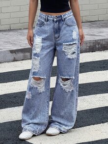 SHEIN 青少年女孩藍色破洞寬鬆牛仔褲 - 中等水洗藍 - 查看 2