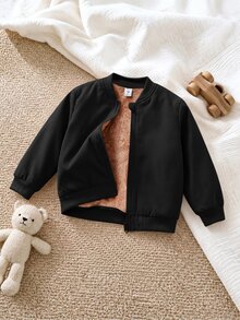 SHEIN 男童燈芯絨抓絨內裡拉鍊棒球夾克加厚外套，超高CP值，適合通勤、上學、日常休閒、大學、旅行、運動，秋冬款 - 黑色 - 查看 6