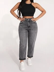 SHEIN بنطلون جينز نسائي مقاس كبير بخصر عالي وجيوب كاجوال متعدد الاستخدامات - رمادي - مشاهدة 4