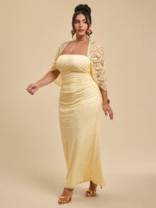 SHEIN BAE CURVE Plus Size Women's Yellow Lace Ruched Dress - Yellow - View 7