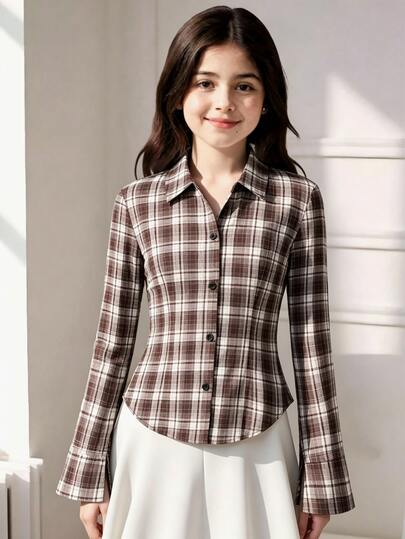 SHEIN Girls' Casual British Style Cinched Waist Flared Sleeve Blouse, Suitable For Autumn/Winter Travel And Outdoor Occasions