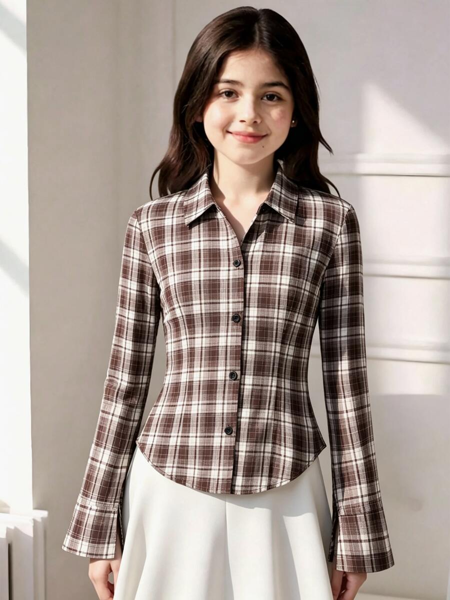 SHEIN 女童休閒英倫風收腰喇叭袖上衣,適合秋冬旅行與戶外場合 - 棕色 - 查看 1