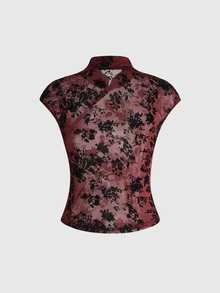 ROMWE Avant Summer Outfits New Chinese Style Plant Flocked Sheer Mesh Top With Cheongsam Collar - Burgundy - View 2