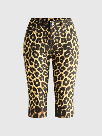 Hippie Pantaloni in denim aderenti di media lunghezza con stampa vintage leopardata e floreale Y2K