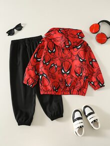 SHEIN 2pcs/Set Kids Young Boy Autumn/Winter Casual Jacket And Pants Set, Jacket Set, Boys Set, Autumn/Winter Set, Sports Set, Red Set - Multicolor - View 2
