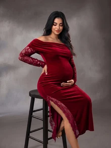 SHEIN Burgundy Velvet Contrast Lace Long Sleeve Plus Size Maternity Evening Gown, Cold Shoulder, High Slit Sheer Lace Elements, Suitable For Evening Party, Cocktail Or Wedding - Burgundy - View 6