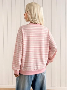 SHEIN EZwear 女款休閒圓領寬鬆條紋運動衫，秋冬女裝 - 彩色 - 查看 2