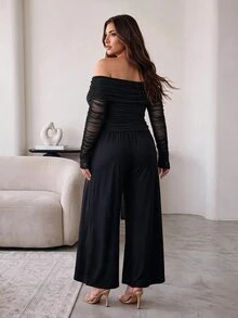 Hourglow Plus Size Women's Off-Shoulder Mesh Patchwork Long Sleeve Top And Pants Set - Black - View 2