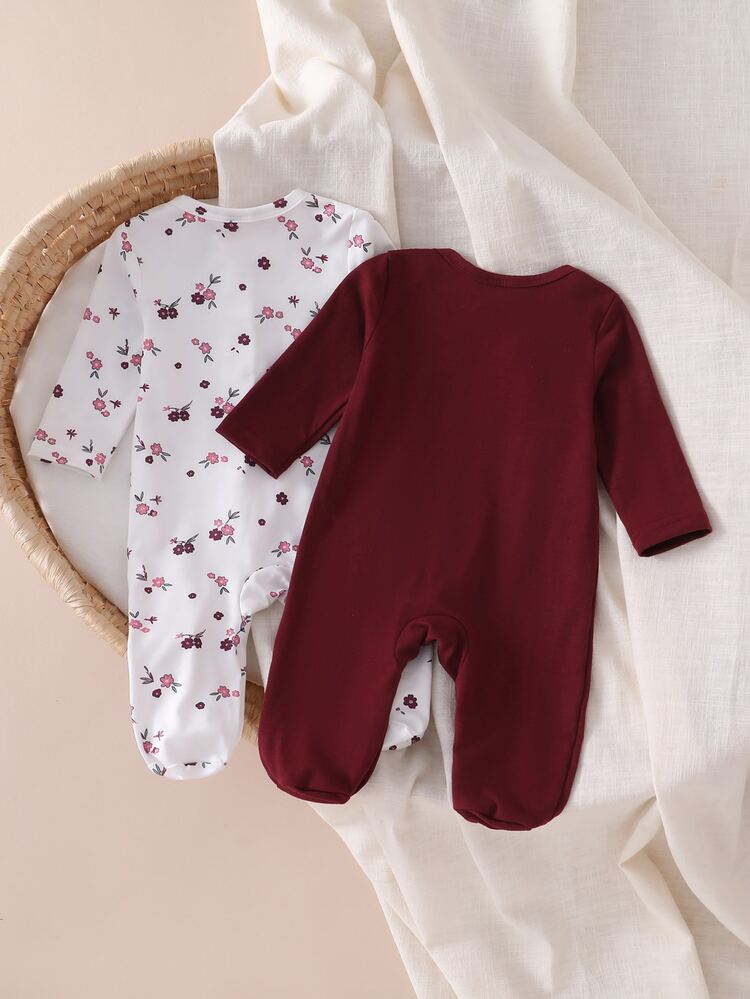 Newborn 2 Pieces Set Soft Comfortable Fresh Cute Floral Print Casual Minimalist Long Sleeve Footed Jumpsuit Loungewear - Multicolor - View 3