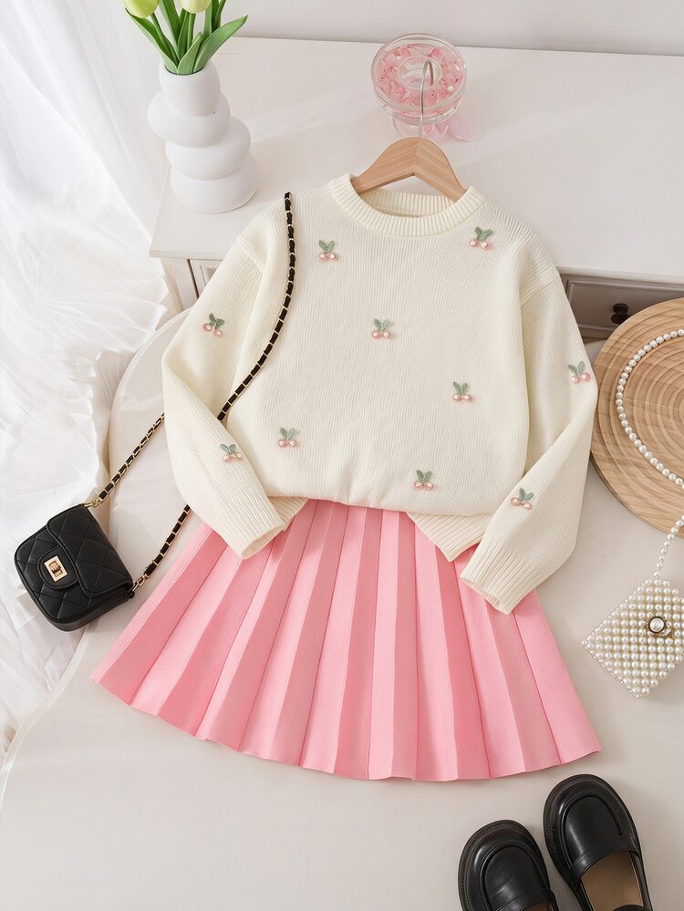 SHEIN Tween Girls Tween Girl Autumn/Winter Casual Elegant Cute Crochet Beaded Cherry Decor Pullover Sweater & Pleated Skirt 2pcs Set, Youth Fashion Outfit, Suitable For Back To School, Autumn/Winter Outings, Daily Wear - Dusty Pink - View 2