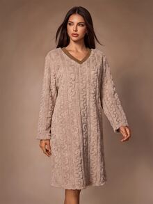 Lazeform Women's Plush Jacquard V-Neck Long Sleeve Nightgown - Multicolor - View 2