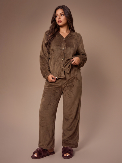 Lazeform Conjunto de pijama de punto grueso y suave de color marrón, estilo casual, para mujer de talla grande