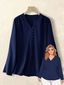 Rosumi 大尺碼女款純色V領長袖鈕扣設計襯衫 秋季 - 藏蓝色 - 查看 8
