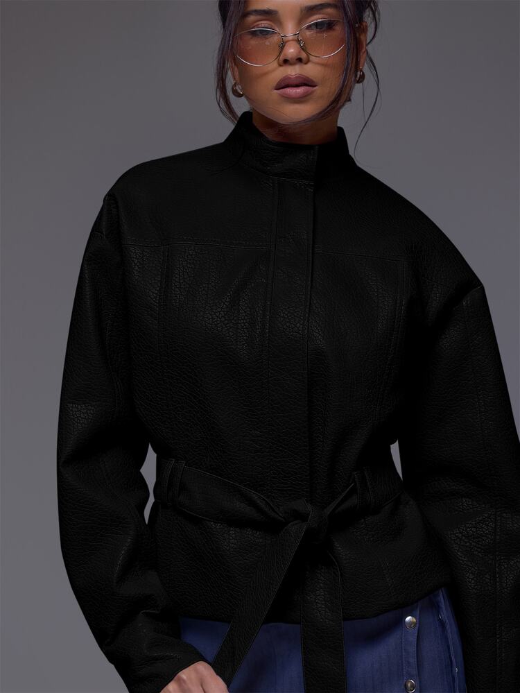 MUSERA Funnel Neck Barrel Sleeve With Tie Waist PU Leather Jacket Winter Autumn Everyday Casual Going Out Cool Weekdaze - Black - View 5