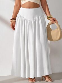 GalTyme Plus Size Minimalist Pleated Loose Long Skirt For Beach Vacation Fall - White - View 7