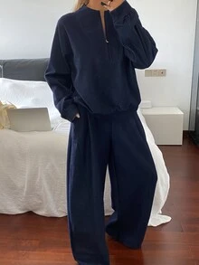 DAZY Women's Solid Color Long Sleeve Top And Long Pants Casual Daily Denim Set - Dark Wash - View 1
