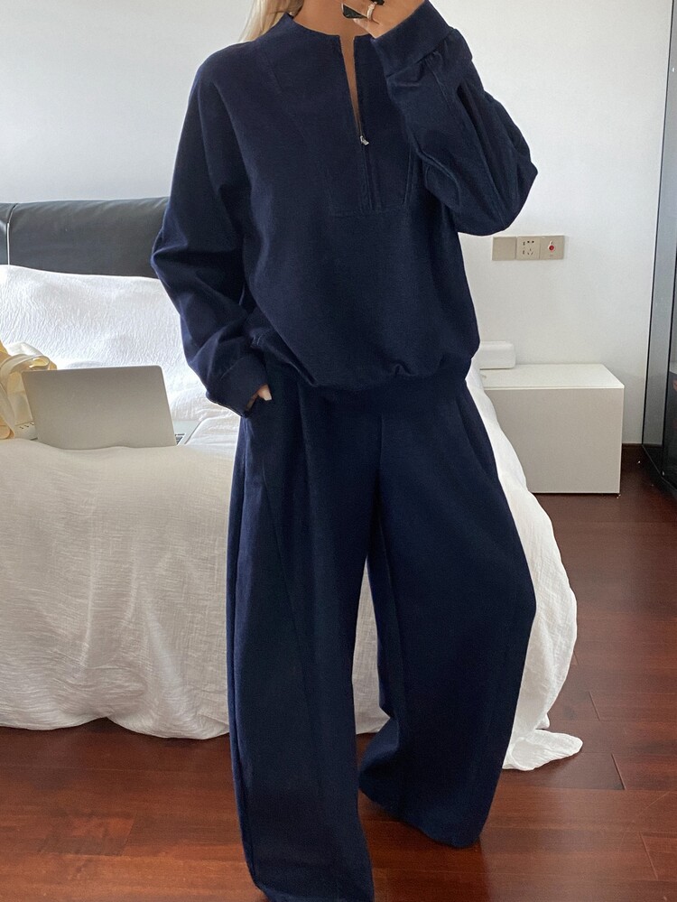 DAZY 女款純色長袖上衣與長褲休閒日常牛仔套裝 - 深色水洗藍 - 查看 1