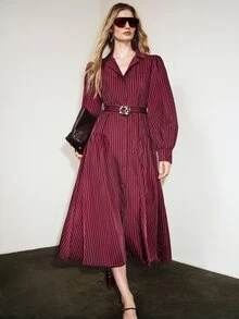 Aveloria Modichic French Elegant Vintage Commuter Burgundy Vertical Striped Blazer Collar Asymmetric Metal Buckle Belt Lantern Sleeve Long Sleeve Dress - Burgundy - View 5