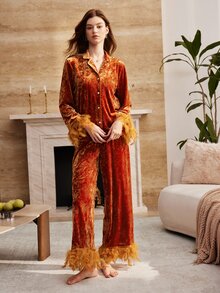 Moireta طقم بيجامة نسائي أنيق بتصميم رقعات وريش على الأكمام، ملابس علوية بأزرار أمامية وأكمام طويلة مع بنطال - البرتقالي مرهق - مشاهدة 3