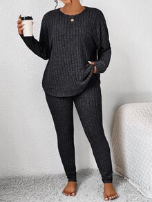 SHEIN Frenchy Ladies Fall Outfits Back To School Workout Set Simple Minimalist Tight Texture Leggings And Long Sleeve Top Set Women Plus Two Pieces Set - Dark Grey - View 5