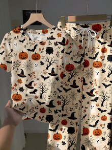 2pcs Set Embroidered Round Neck Short Sleeve Top And Striped Print Pants, Casual - Multicolor - View 6