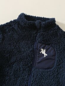 SHEIN 男嬰秋冬休閒立領抓絨長袖夾克，嬰兒夾克，藍色夾克 - 彩色 - 查看 5