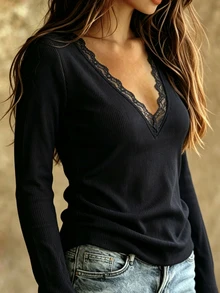 Linhara CURVE Plus Size Women's Black Knit Long Sleeve Top, Lace Trim Deep VNeck Slim Fit Stretchy Casual Basic Tee For Spring Fall Winter Daily Wear - Black - View 4