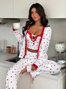 ZzzCrew 3pcs Heart Print Camisole, Long Pants And Lace Trim Robe Pajama Set - Multicolor - View 1