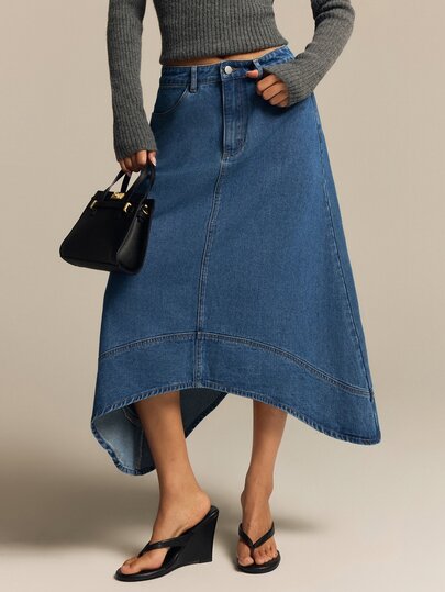 COSMINA Denim Women's Blue Denim Skirt With Large A-Line Asymmetrical Hem, Elegant Casual Autumn/Winter Outfit