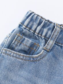 SHEIN 少女 Y2K 街頭日常彈力腰直筒牛仔褲，附平口袋，女孩日常 OOTD 套裝 - 深色水洗藍 - 查看 5