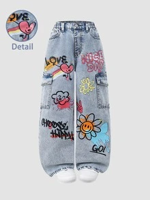 SHEIN Tween Girls Graffiti Heart Letter Print Y2K Style Light Blue Printed Simple Casual Loose Wide Leg Distressed Ripped Vintage Washed Denim Jeans - Blue - View 4