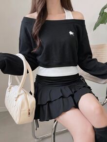 SHEIN MOD 女款休閒拼接色塊不對稱厚款衛衣，適合秋冬穿著 - 黑色 - 查看 3